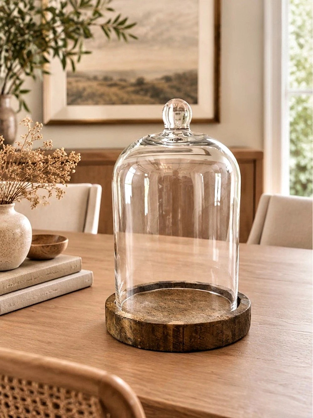 Cloche Dome Clear Glass Knob Rustic Wood Base 8.5 inch Bell Jar